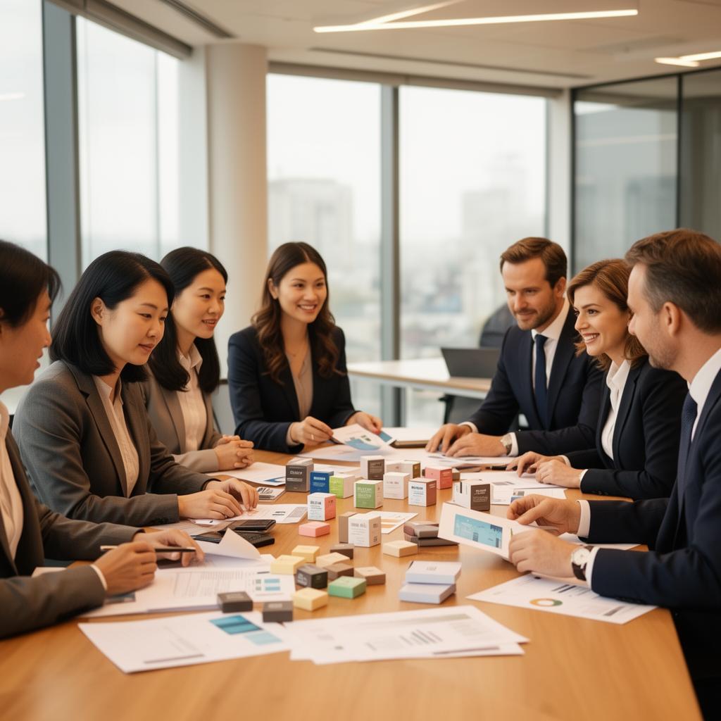 International business team reviewing product samples